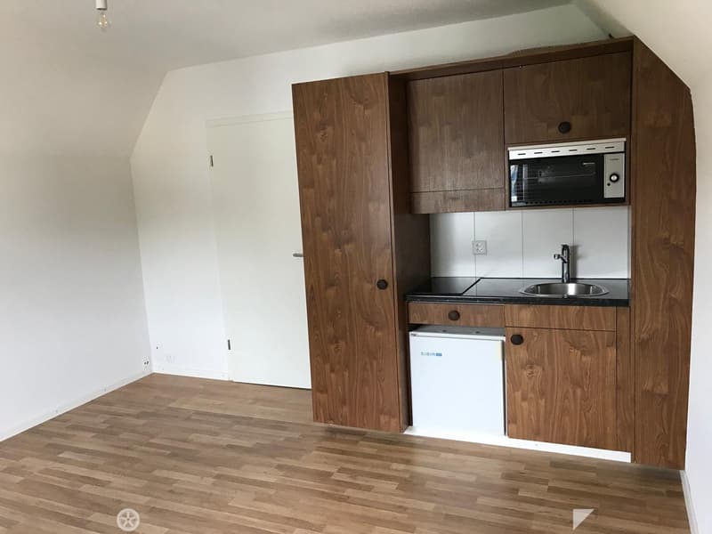 Compact kitchen with wooden cabinets, stainless steel sink, microwave, and small refrigerator.