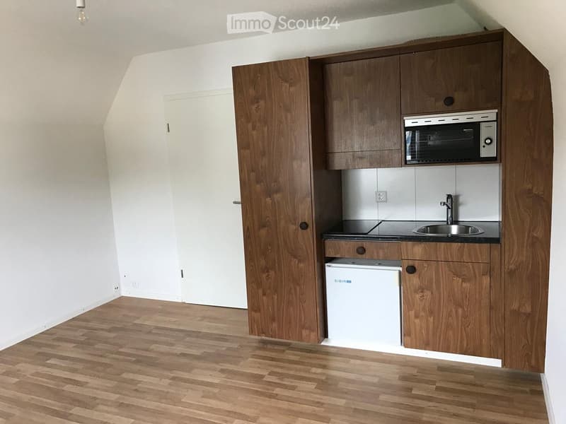 Compact kitchen with wooden cabinets, stainless steel sink, microwave, and small refrigerator.
