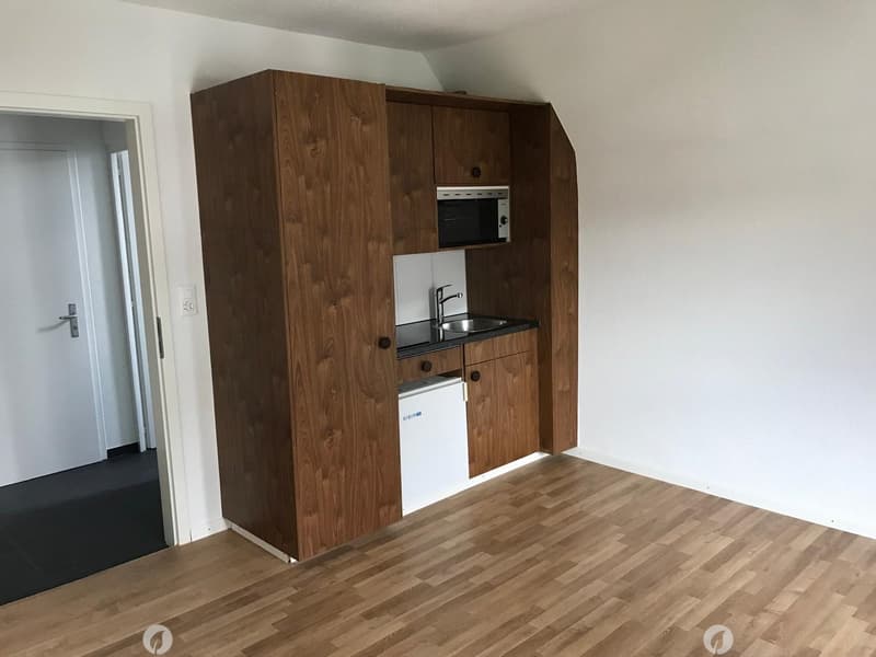 Compact kitchen with wooden cabinets, a sink, microwave, and refrigerator, featuring light wooden flooring and white walls.