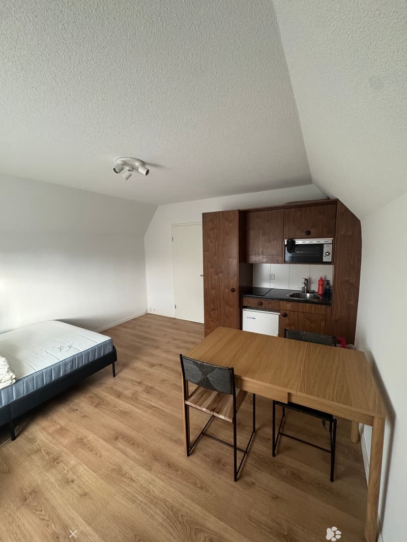 A compact studio apartment with a bed, a small wooden table with chairs, and a kitchenette area featuring cabinets, a microwave, and a sink.