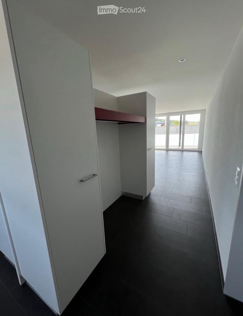 Empty hallway with dark tiled flooring, white walls, and a built-in closet with a single shelf. The hallway leads to a bright, open area with large windows and a view of the outdoors.