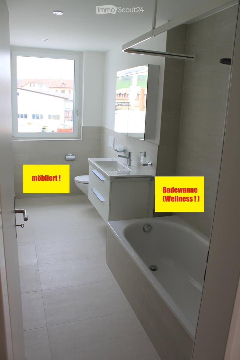 Modern bathroom with a bathtub, sink, and toilet. Features large windows, tiled walls, and a sleek design.