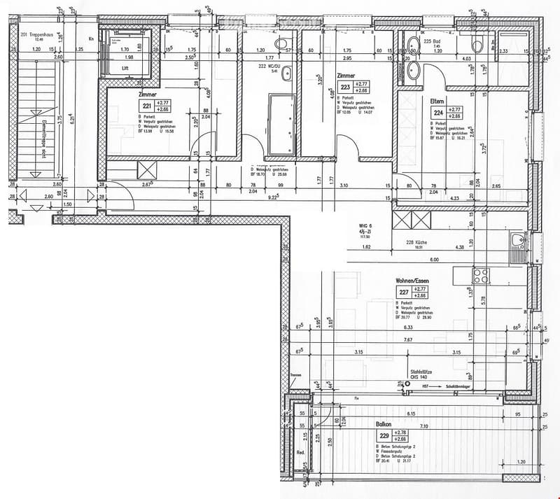 Floor plan of a multi-room apartment including living/dining area, kitchen, bedrooms, bathrooms, and a balcony.