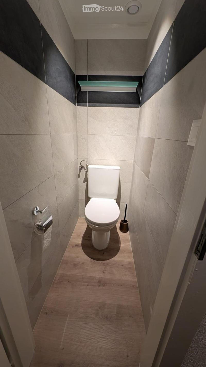 Modern bathroom with a toilet, toilet paper holder, and toilet brush. The walls are tiled in a combination of light and dark tones, and the floor is wooden.