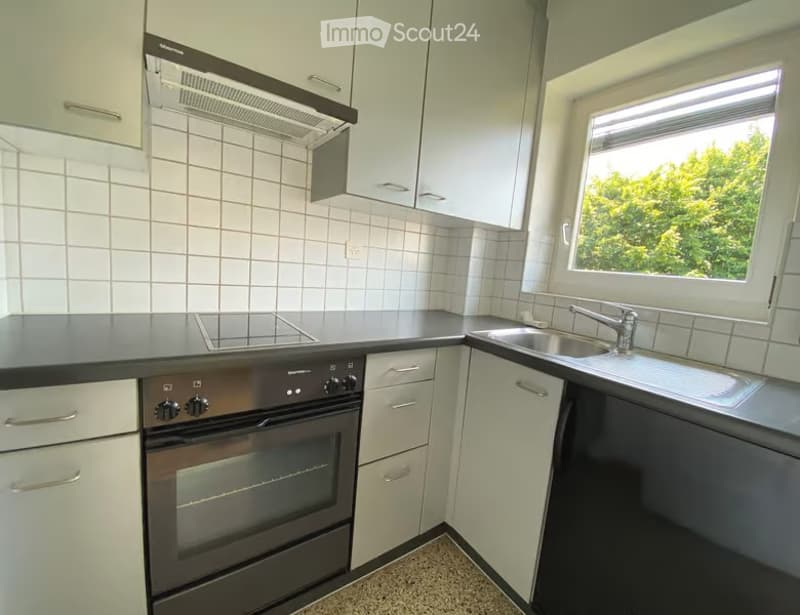 Modern kitchen with white tiled walls, white cabinets, black countertops, and stainless steel appliances including an oven and sink.