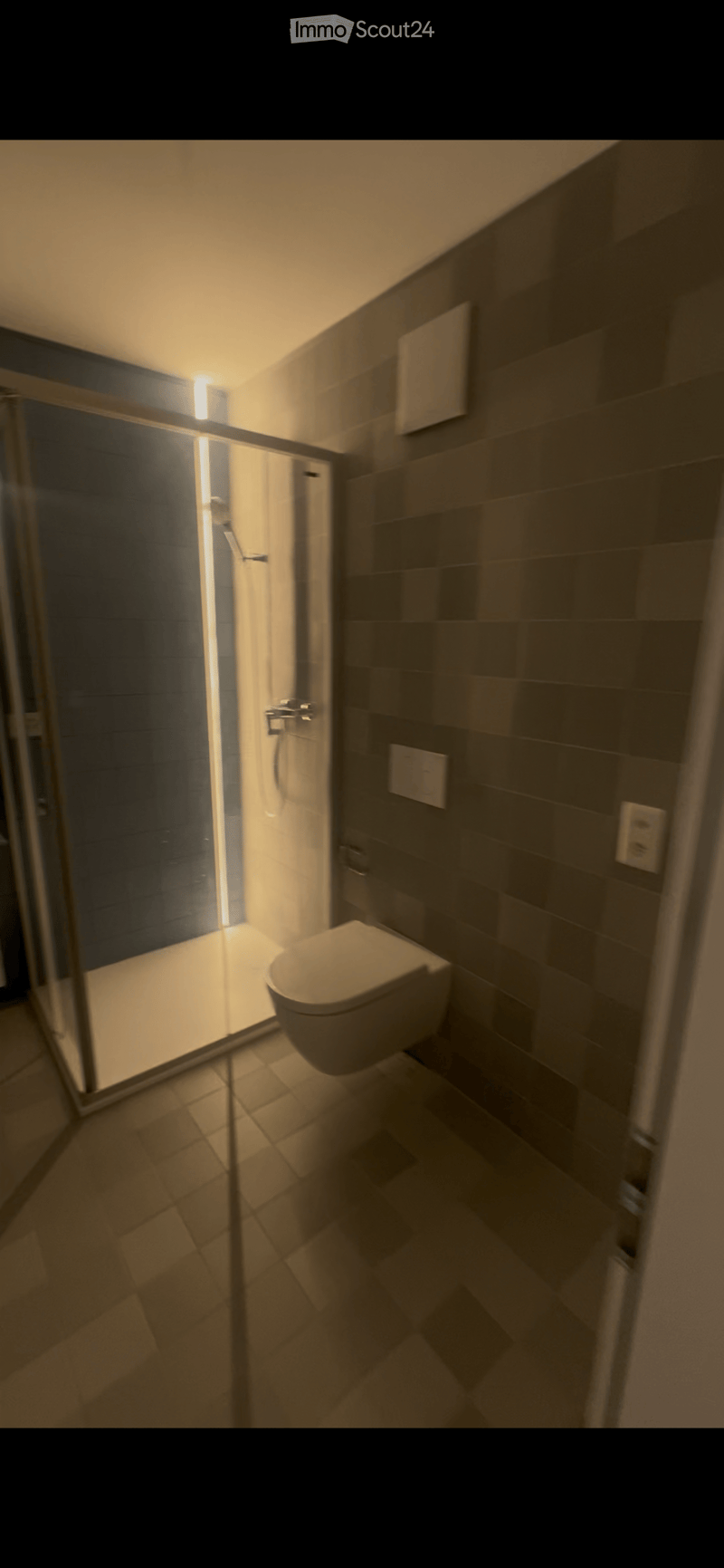 Modern bathroom with a toilet, glass-enclosed shower, and tiled walls and floor.