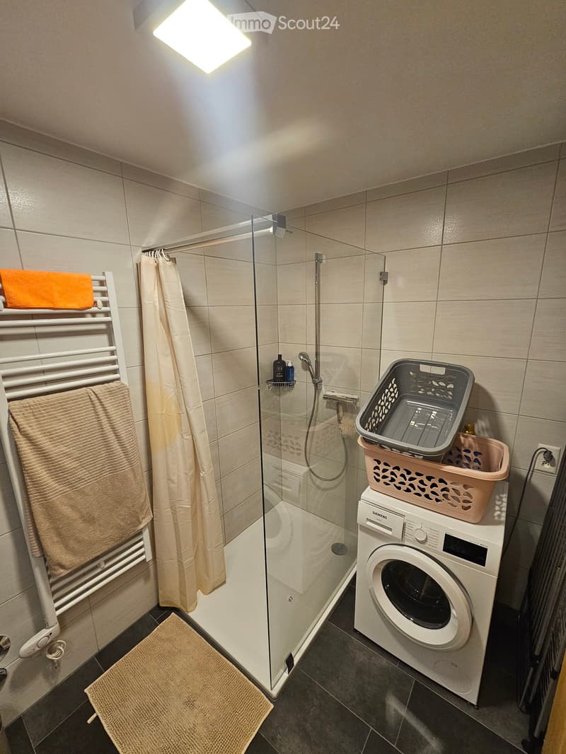 Modern bathroom with a glass-enclosed shower, a white towel rack with towels, a Siemens washing machine, and laundry baskets on top.