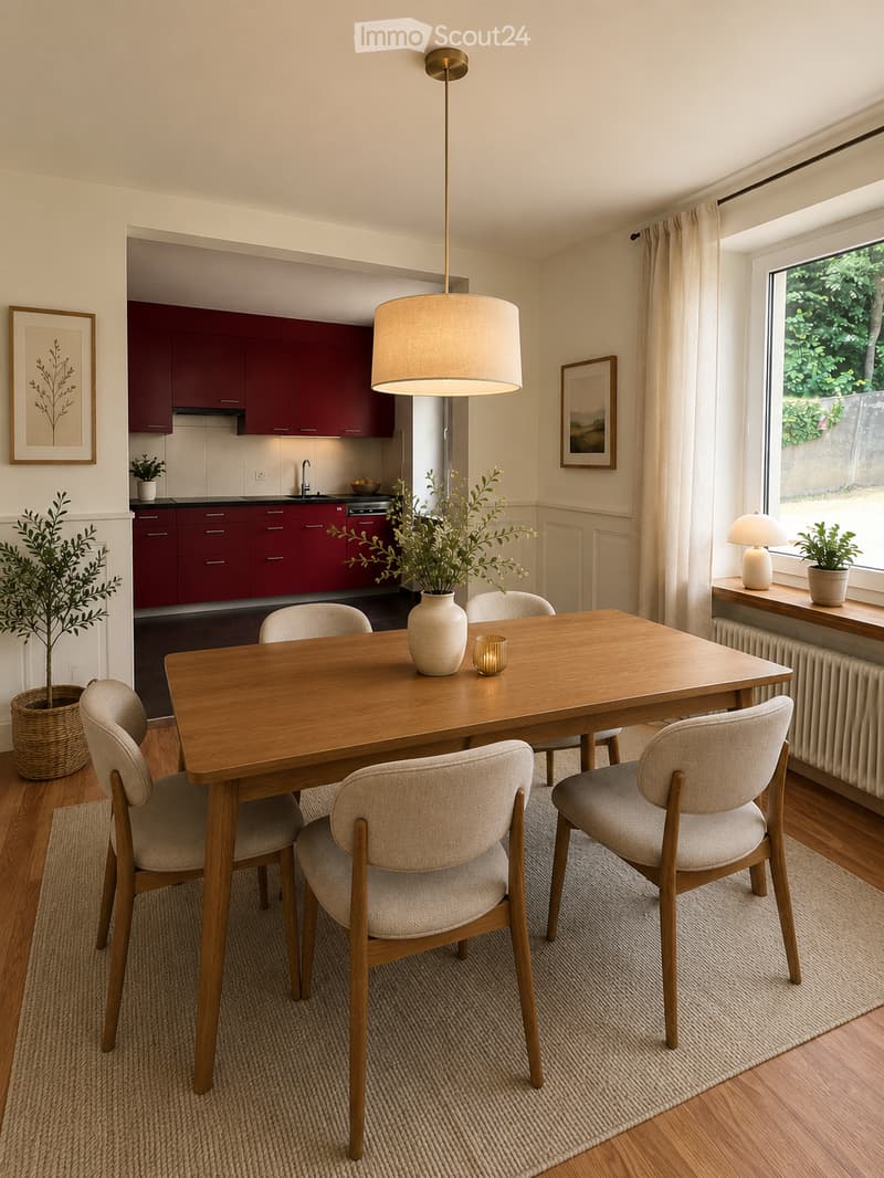 Dining area with a wooden table, six chairs, a vase with greenery, a candle, and a modern kitchen in the background with dark red cabinets and stainless steel appliances.
