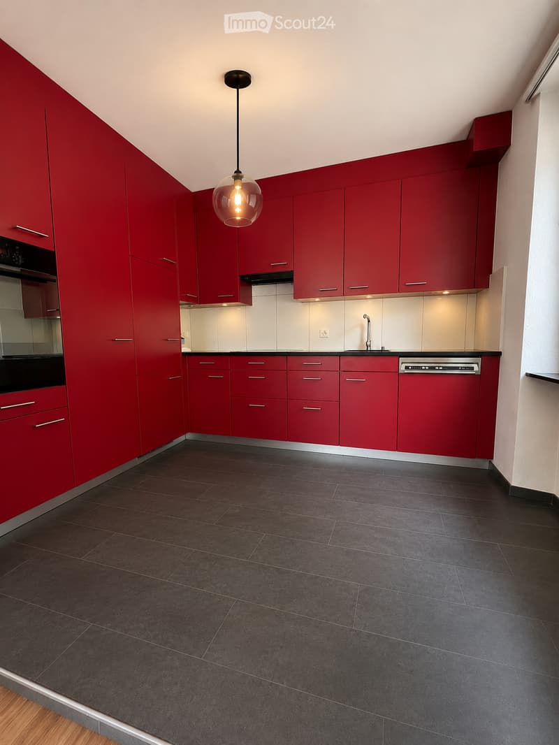 Modern kitchen with red cabinets, dark tiled floor, stainless steel sink, and a pendant light fixture.