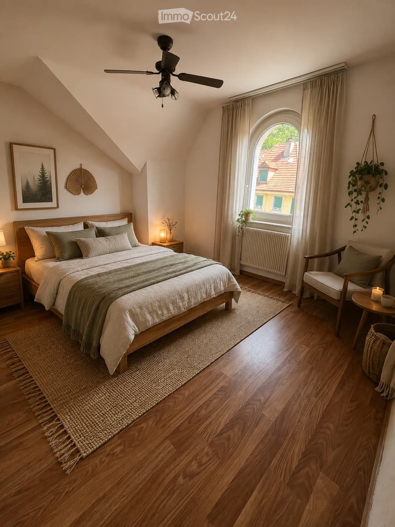 Cozy attic bedroom with wooden floors, a large bed, nightstand, armchair, small table, and hanging plant. Features a skylight window and a ceiling fan.