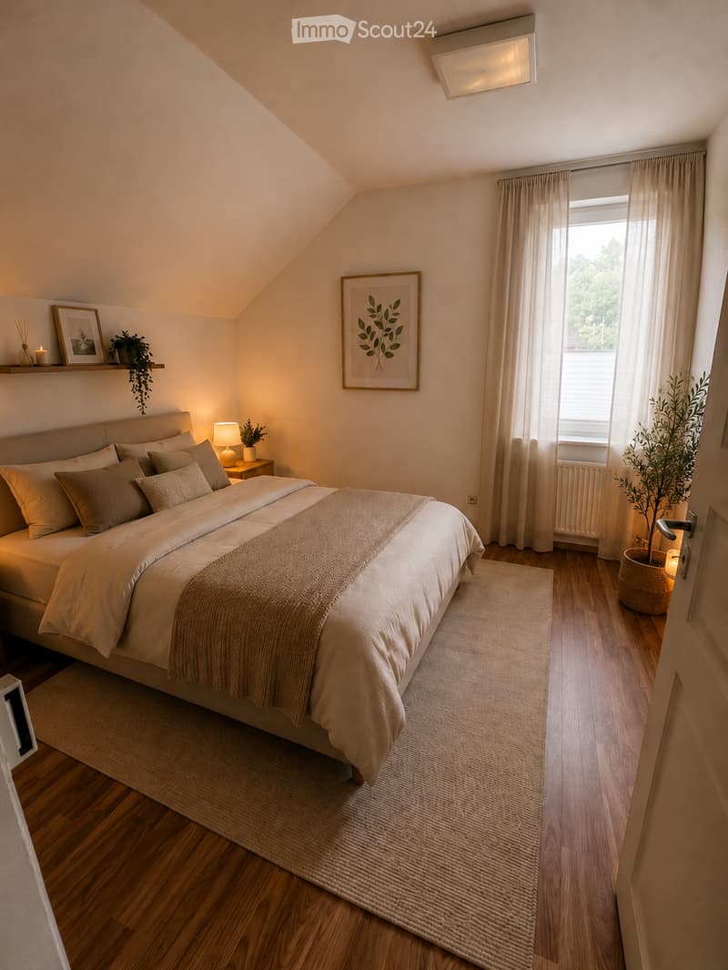Cozy bedroom with a large bed, nightstand, table lamp, picture frame, and plants. The room features wooden flooring and large windows with sheer curtains.
