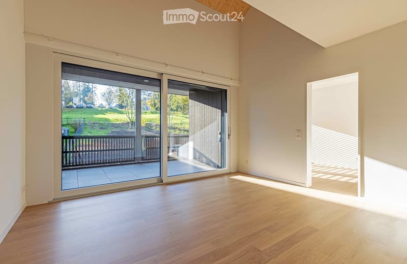 sliding glass doors, balcony, tiled floor, plain walls