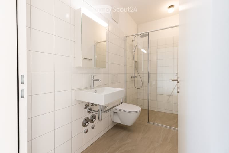 all white tiles, glass door, shower, toilet, white sink, mirror, faucet
