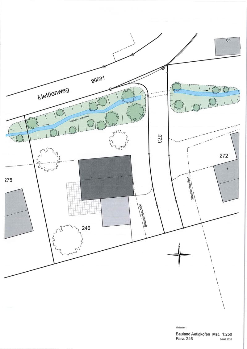 Floor plan of a residential area showing streets, plots, and a watercourse. Includes labeled plots, streets, and a watercourse named 'Mulbach renaturiert'.