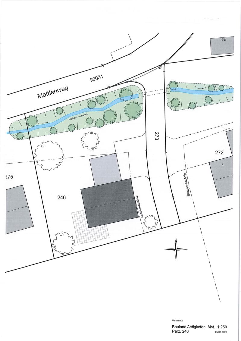 Floor plan of a residential area showing streets, plots, and a renovated stream. Includes labeled plots and a compass.