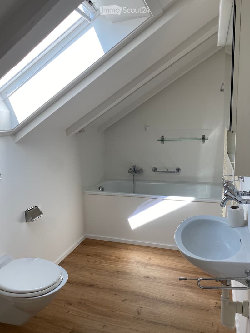 Modern bathroom with wooden flooring, white walls, a bathtub, sink, toilet, and a large skylight window providing natural light.