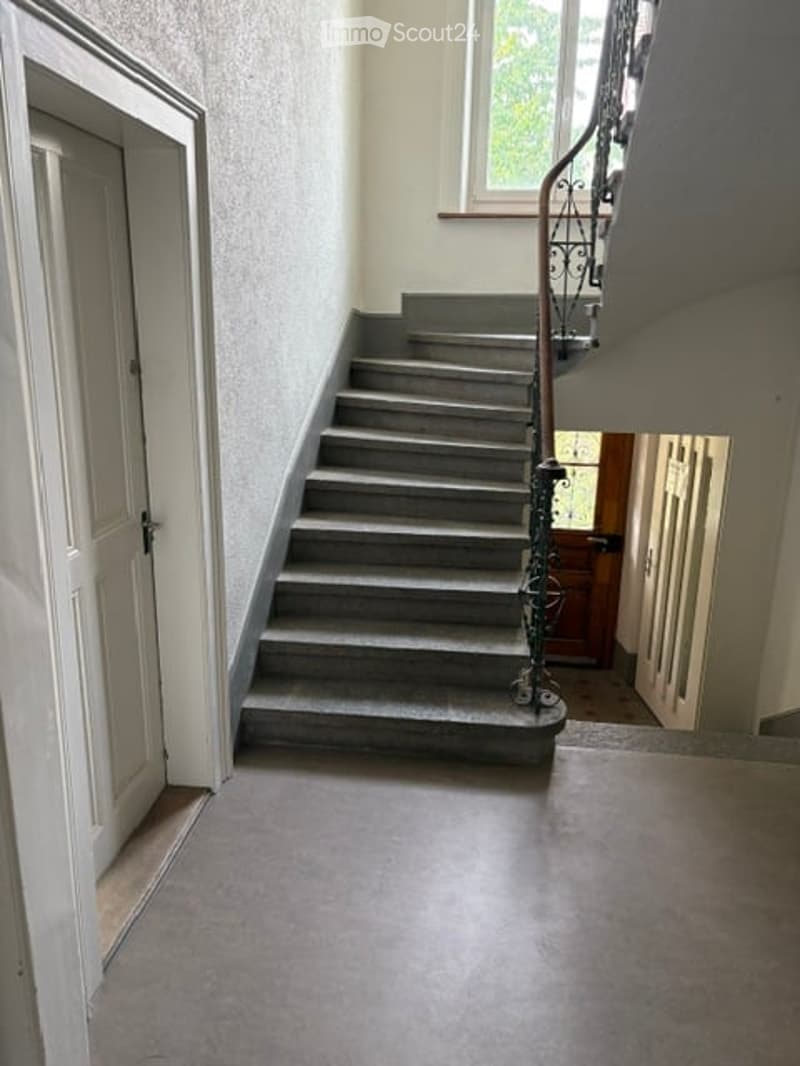 Staircase with grey concrete steps and a metal railing, leading to an upper level. The walls are painted white, and there is a wooden door visible at the bottom of the stairs.