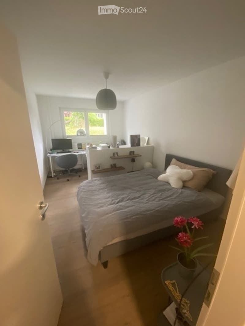 Cozy bedroom with a large bed, pillows, nightstand with a flower pot, a desk with a computer and chair, and a hanging lamp.