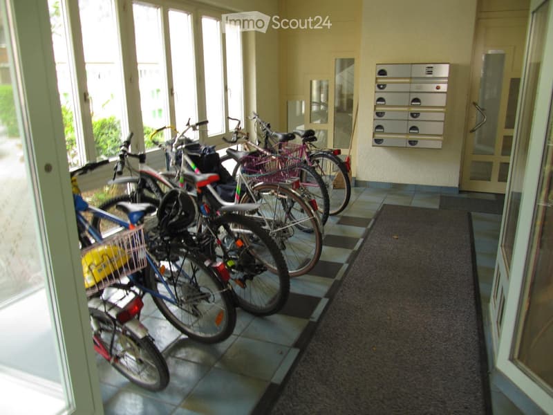 Hallway with several bicycles parked inside, large windows on one side, mailboxes on the wall, and a carpeted area.