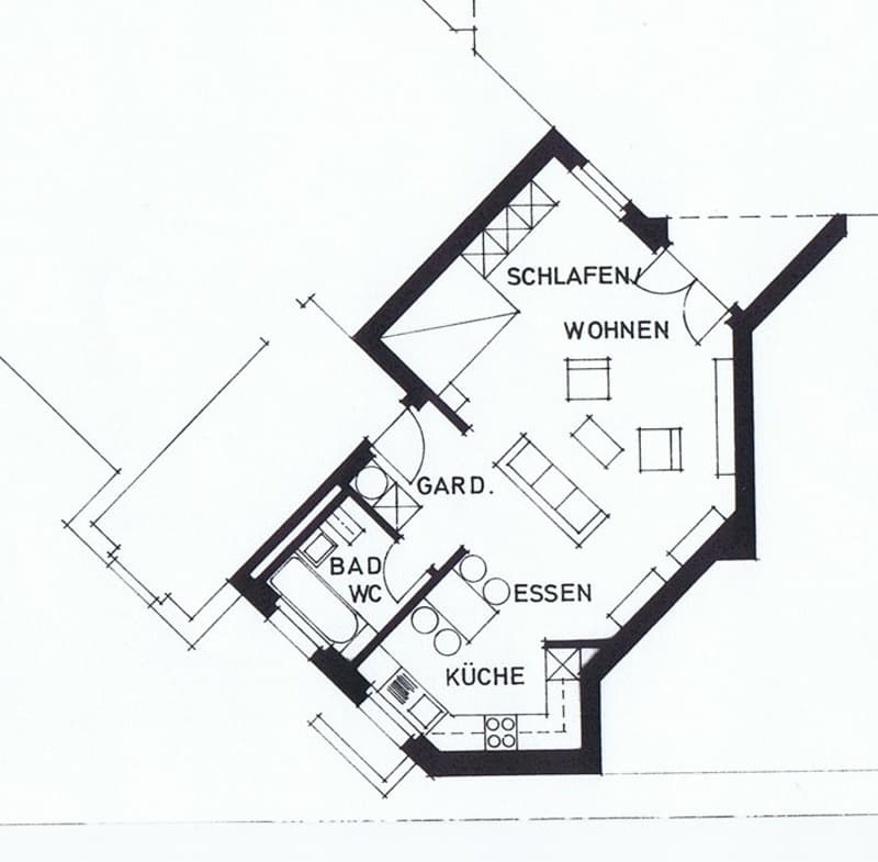 Floor plan of a 3-room apartment with a bedroom, living room, kitchen, dining area, bathroom, and garden access.