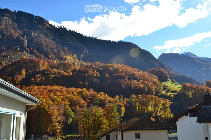 Scenic view of a mountainous landscape with autumn-colored trees and houses in the foreground.