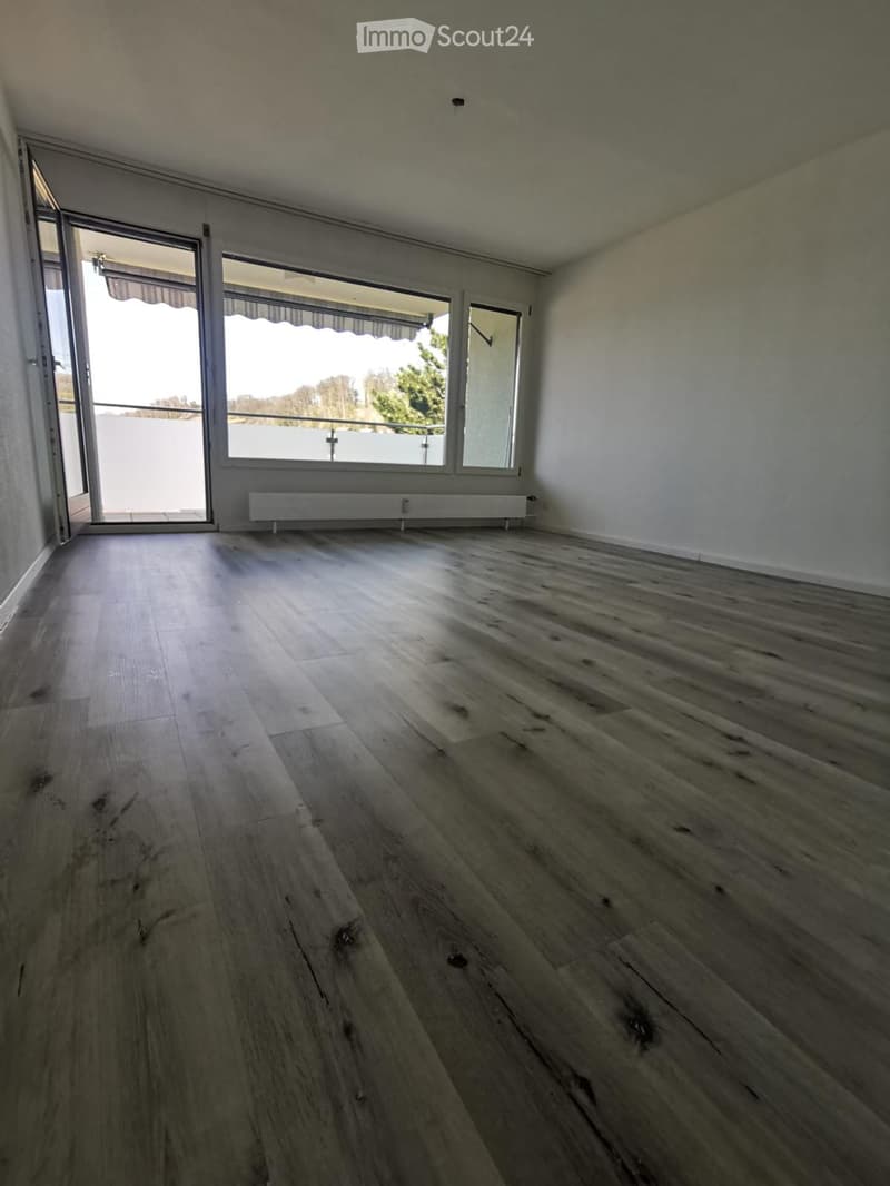 Empty room with wooden flooring, large windows, and a radiator. No furniture or equipment present.
