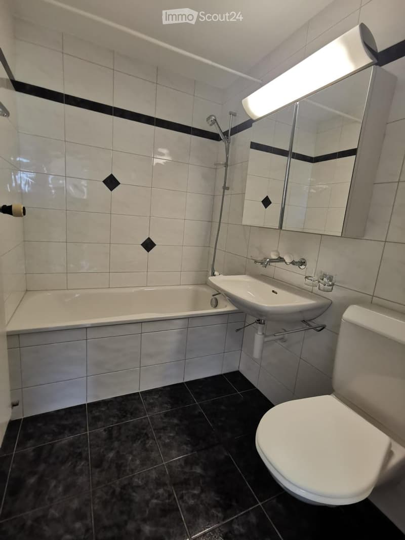 Modern bathroom with white tiles, black accents, bathtub, sink, toilet, and a large mirror with a built-in light fixture.