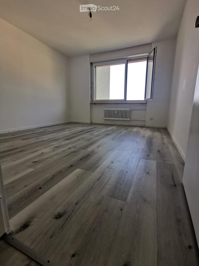 Empty room with wooden flooring, white walls, and a large window with a radiator below it.