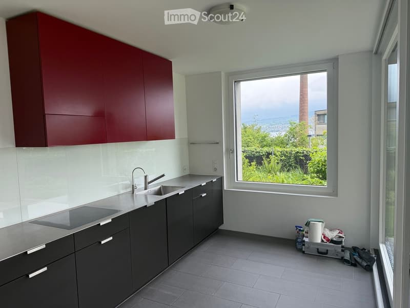 Modern kitchen with dark grey cabinets, red upper cabinets, a sink, and an induction cooktop. Large window offers a view of greenery.