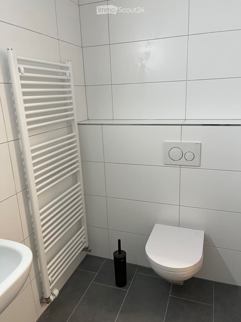 Modern bathroom with white tiled walls, a white radiator, a toilet, a bathtub, and a toilet brush holder.