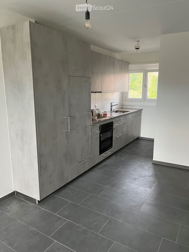 Modern kitchen with grey cabinetry, dark grey tiled floor, and stainless steel appliances including a sink, faucet, and oven. Natural light from large windows.