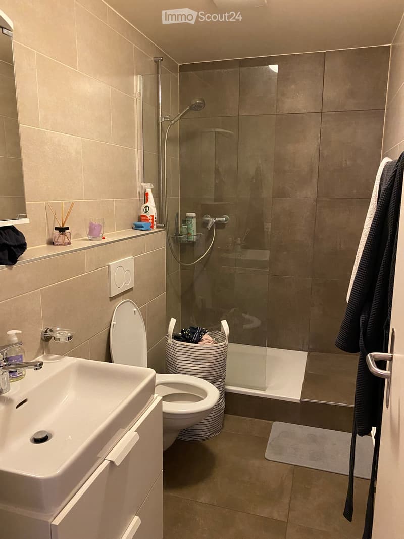 Modern bathroom with a white sink, toilet, glass-enclosed shower, and a towel hanging on the door. Cleaning supplies and a small basket are visible on the floor.
