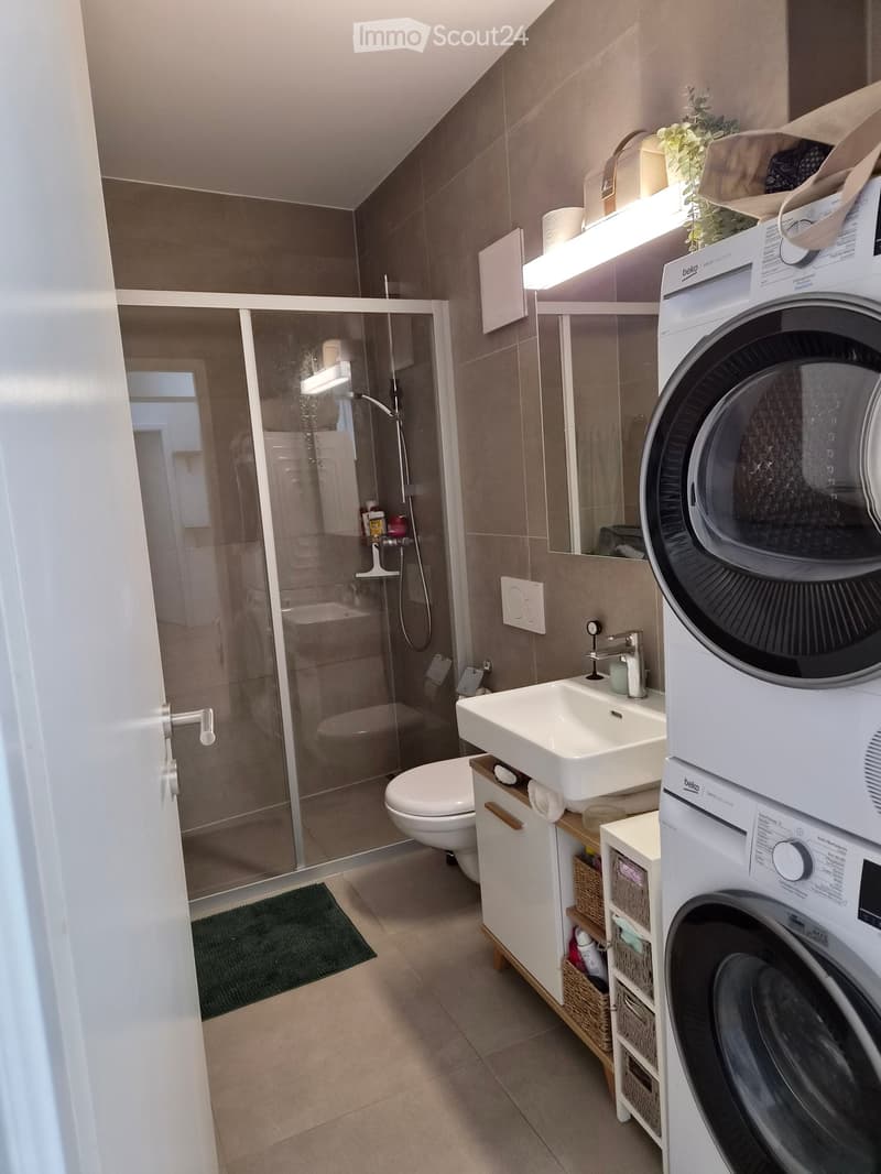 Modern bathroom with a toilet, sink, mirror, and a washing machine. Features a glass-enclosed shower with a showerhead and a towel on the floor.