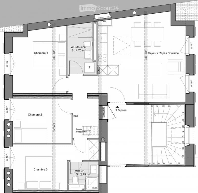 Floor plan of a 4.5-room apartment with three bedrooms, two bathrooms, a living/dining area, and a kitchen.