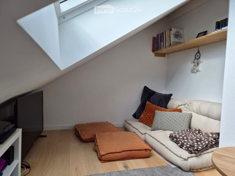 Cozy attic living room with a white sofa, colorful pillows, a blanket, a TV, and wooden shelves holding books and decorative items.