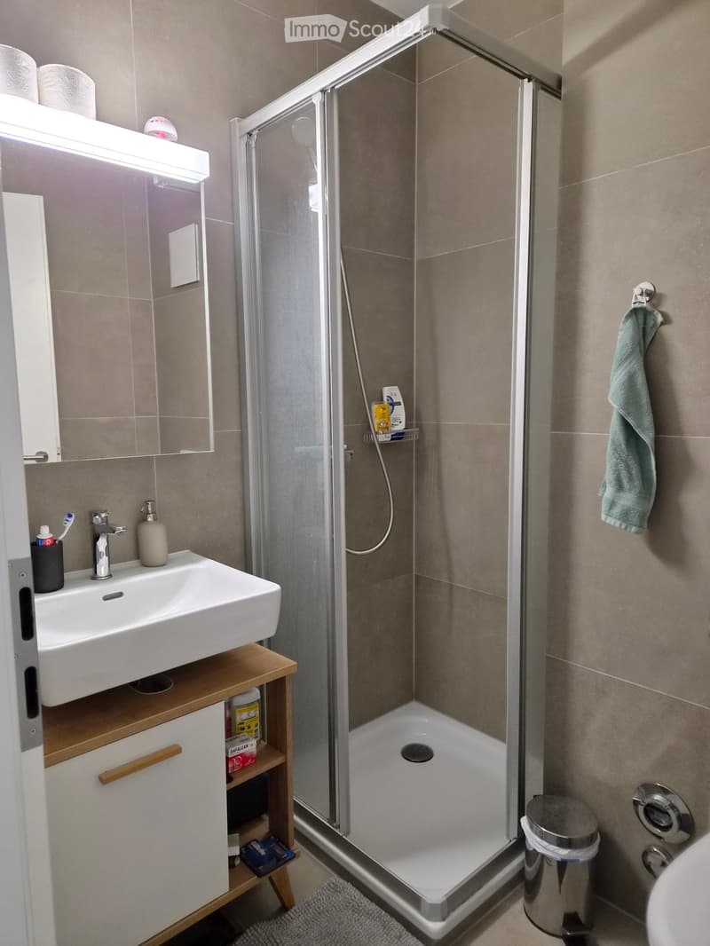 Modern bathroom with a white sink, mirror, shower stall, and a wooden storage unit beneath the sink. A towel hangs on the wall, and a toilet paper holder is visible.