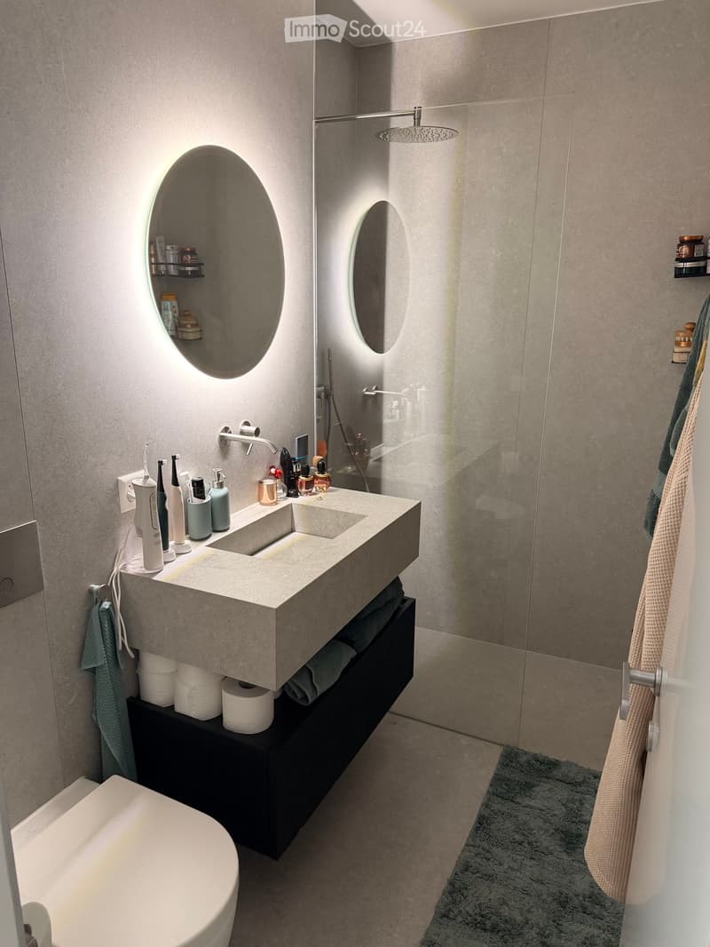 Modern bathroom with a large sink, oval mirror, shower, and neatly arranged toiletries. Features a grey color scheme with a black cabinet under the sink holding toilet paper and towels.