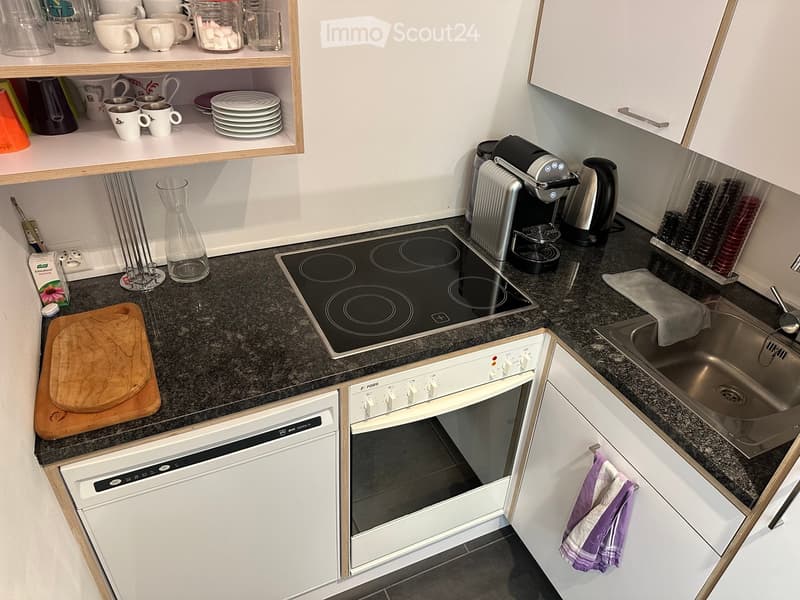 Modern kitchen with white cabinets, granite countertop, induction stove, dishwasher, oven, coffee maker, and various kitchen items on shelves and counters.