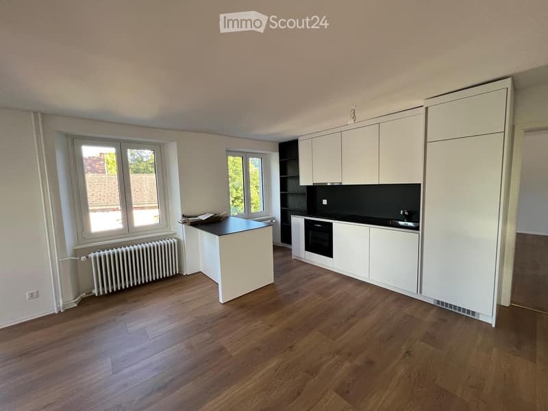 Modern kitchen with white cabinets, black countertop, and wooden flooring. Features an island with a black countertop and a built-in oven.