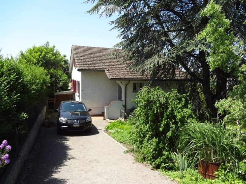Single-story house with a tiled roof, white exterior, and a driveway leading to a parked car. The house has a small porch and is surrounded by greenery, including trees and shrubs.