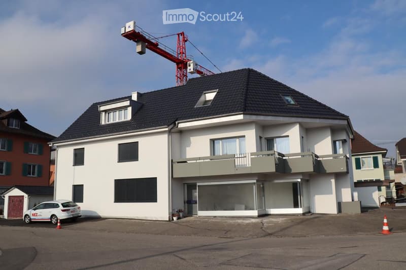 Two-story modern house with white exterior, dark roof, multiple windows, and a balcony on the upper floor.