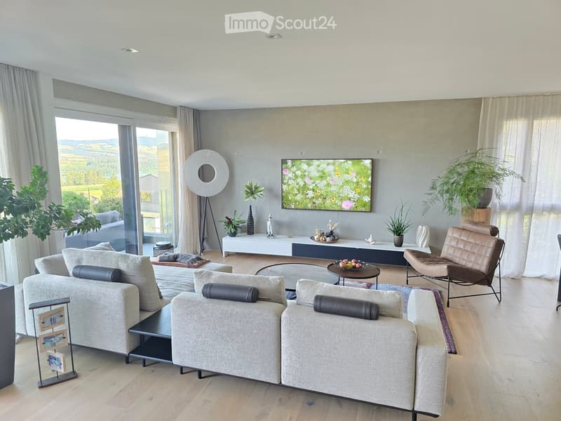 Modern living room with large windows, grey sectional sofa, coffee table, leather chair, TV, floor lamp, and decorative plants.