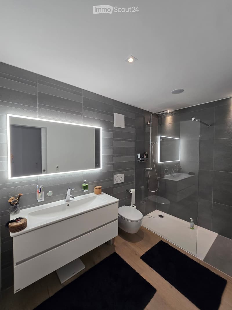 Modern bathroom with dark grey tiles, white sink, toilet, and glass shower enclosure. Features include a large illuminated mirror, a shower with a handheld sprayer, and a sleek faucet.
