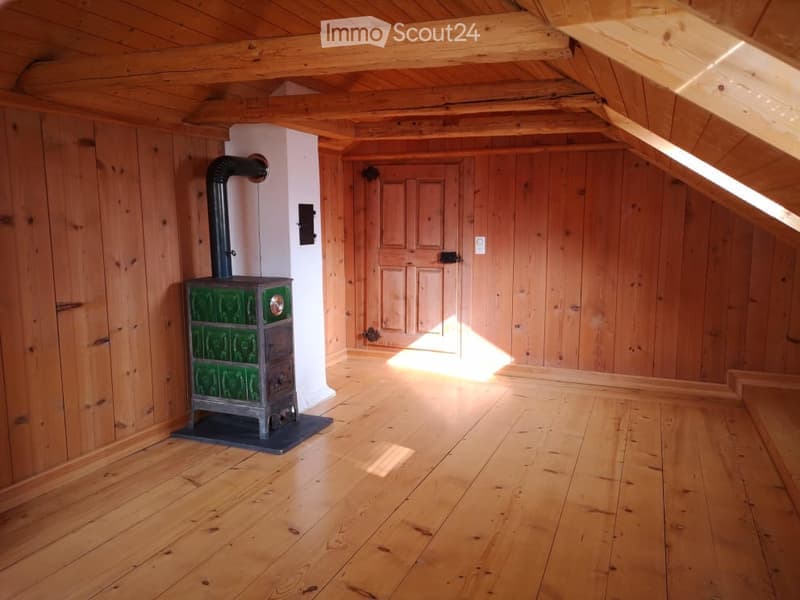 Empty attic space with wooden walls and floor, featuring a fireplace and a door leading to another area.