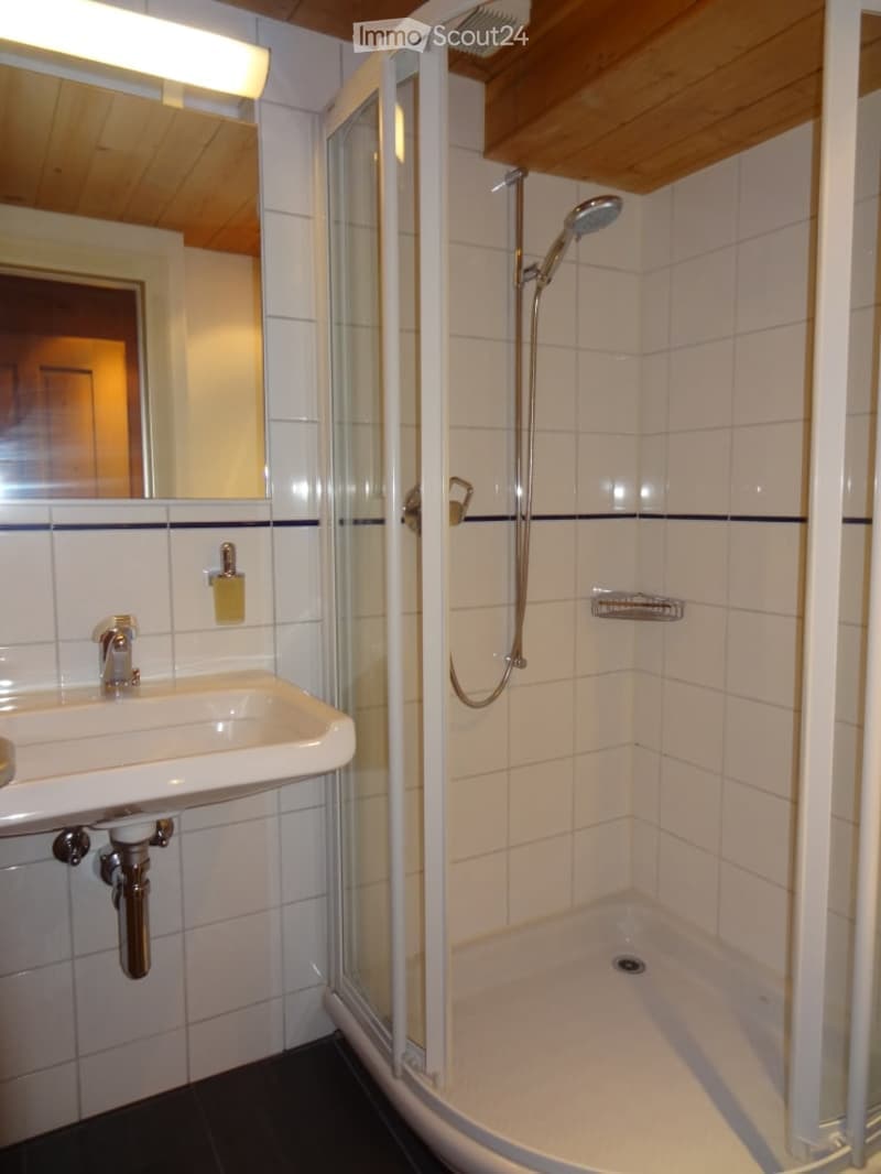 Modern bathroom with white tiled walls, a glass-enclosed shower, a sink with a mirror, and a showerhead.
