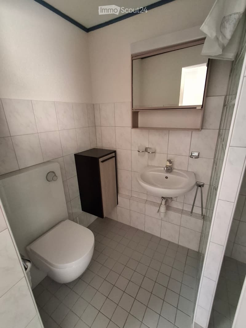 Modern bathroom with white tiles, a toilet, a sink with a mirror above it, and a small cabinet next to the toilet.