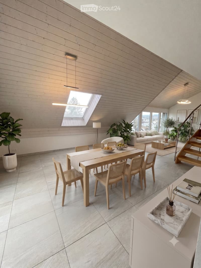 Open-plan living and dining area with light wood paneling, marble flooring, and modern furniture including a dining table, chairs, sofa, coffee table, and decorative items.