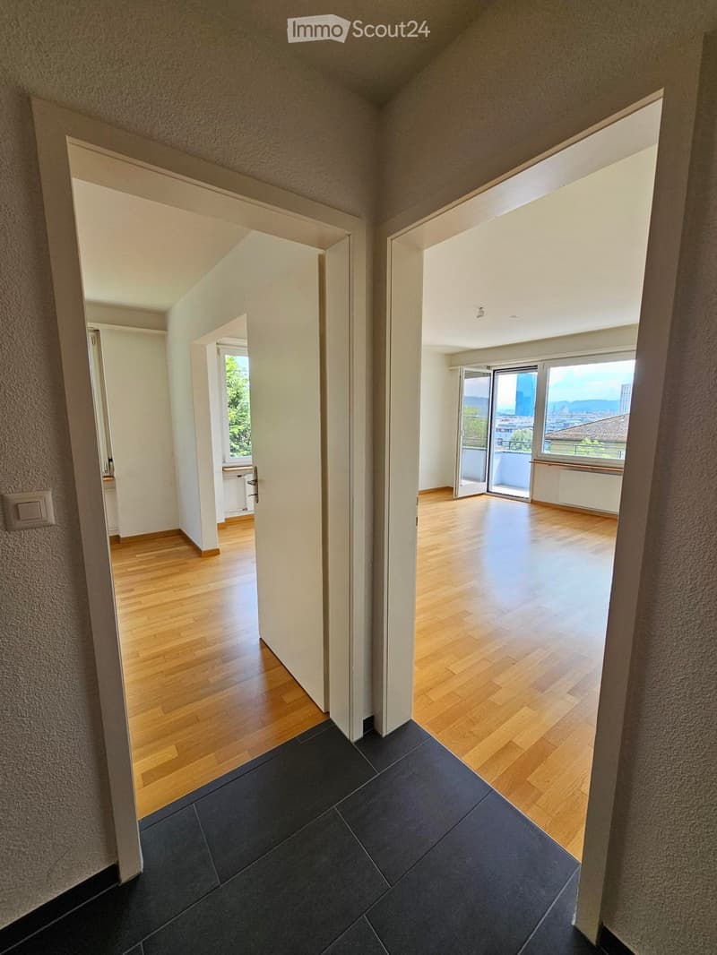 Empty hallway with wooden flooring, white walls, and multiple open doors leading to other rooms and a balcony with city view.