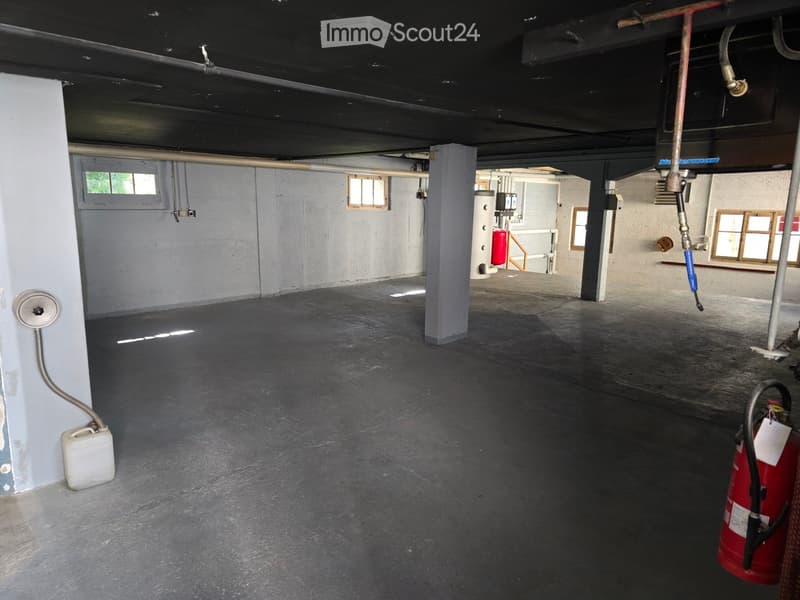 Empty basement or garage space with concrete floor, exposed pipes, and minimal equipment.