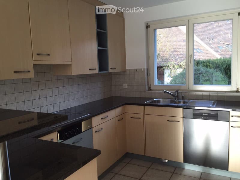 Modern kitchen with light wooden cabinets, black granite countertops, stainless steel sink and dishwasher, and tiled backsplash.
